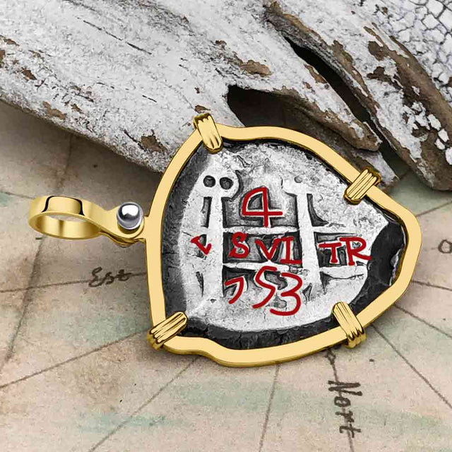 Heart Shaped Pirate Era 1753 Spanish 4 Reale Piece of Eight 14K Gold Pendant