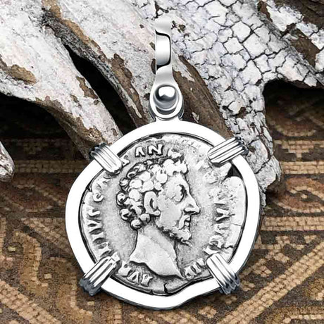 Roman Empire Silver Denarius Coin of Marcus Aurelius, the Philosopher Warrior 157 AD Sterling Silver Pendant