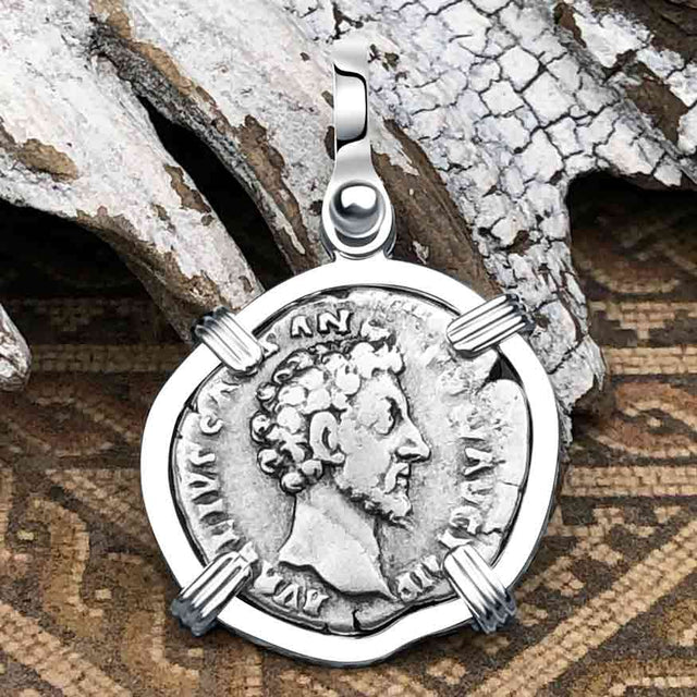 Roman Empire Silver Denarius Coin of Marcus Aurelius, the Philosopher Warrior 157 AD Sterling Silver Pendant