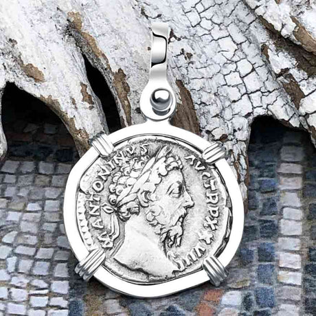 Roman Empire Silver Denarius Coin of Marcus Aurelius, the Philosopher Warrior 172 AD Sterling Silver Pendant