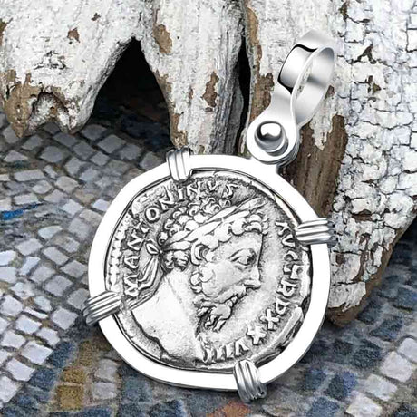 Roman Empire Silver Denarius Coin of Marcus Aurelius, the Philosopher Warrior 172 AD Sterling Silver Pendant
