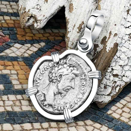 Roman Empire Silver Denarius Coin of Marcus Aurelius, the Philosopher Warrior 157 AD Sterling Silver Pendant