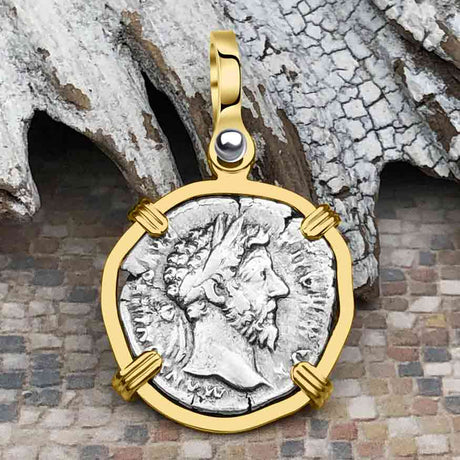 Roman Empire Silver Denarius Coin of Marcus Aurelius, the Philosopher Warrior 171 AD 14K Gold Pendant 