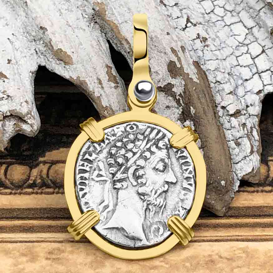 Roman Empire Silver Denarius Coin of Marcus Aurelius, the Philosopher Warrior 176 AD 14K Gold Pendant