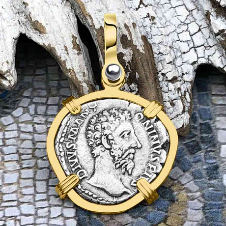Roman Empire Silver Denarius Coin of Marcus Aurelius, the Philosopher Warrior 180 AD 14K Gold Pendant