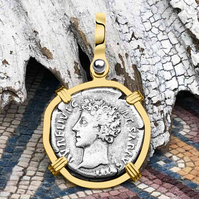 Roman Empire Silver Denarius Coin of Marcus Aurelius, the Philosopher Warrior 145 AD 14K Gold Pendant