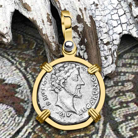 Roman Empire Silver Denarius Coin of Marcus Aurelius, the Philosopher Warrior 155 AD 14K Gold Pendant