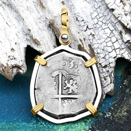 Pirate Era Dated 1603 Spanish 2 Reale Piece of Eight 14K Gold and Sterling Silver Pendant