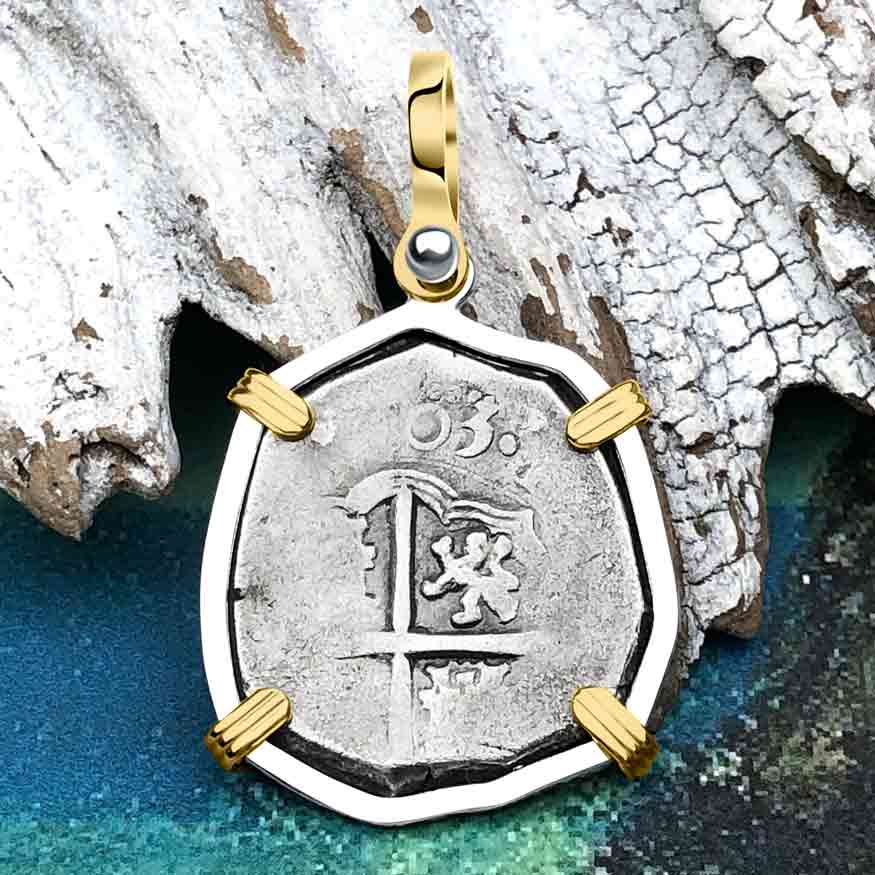 Pirate Era Dated 1603 Spanish 2 Reale Piece of Eight 14K Gold and Sterling Silver Pendant