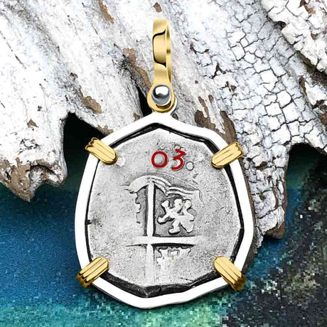 Pirate Era Dated 1603 Spanish 2 Reale Piece of Eight 14K Gold and Sterling Silver Pendant
