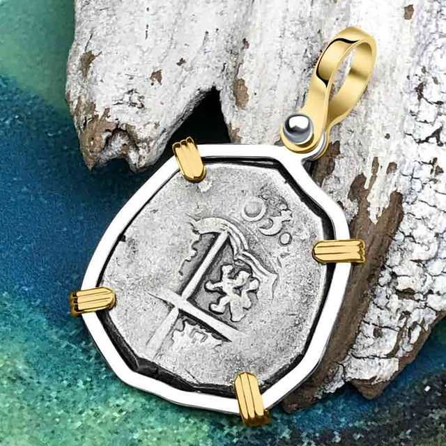 Pirate Era Dated 1603 Spanish 2 Reale Piece of Eight 14K Gold and Sterling Silver Pendant