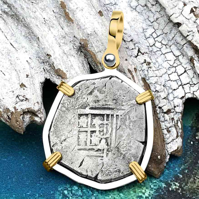 Pirate Era Dated 1603 Spanish 2 Reale Piece of Eight 14K Gold and Sterling Silver Pendant
