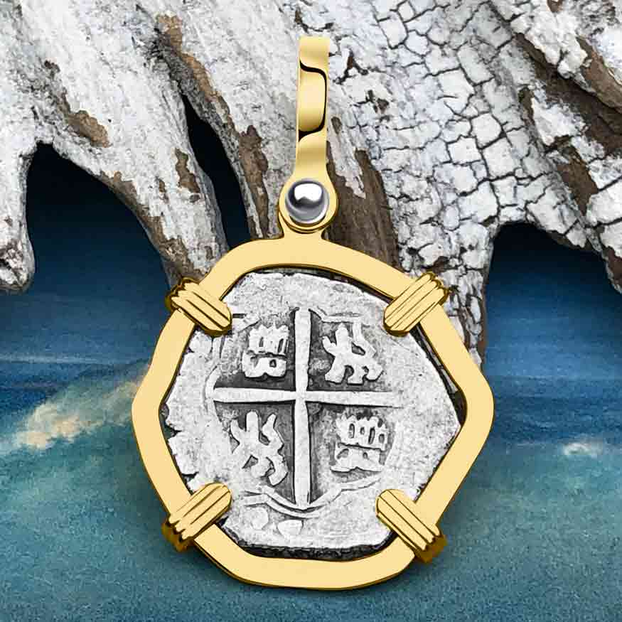 Pirate Era Circa 1620 Spanish Silver 1 Reale Piece of Eight 14K Gold Pendant