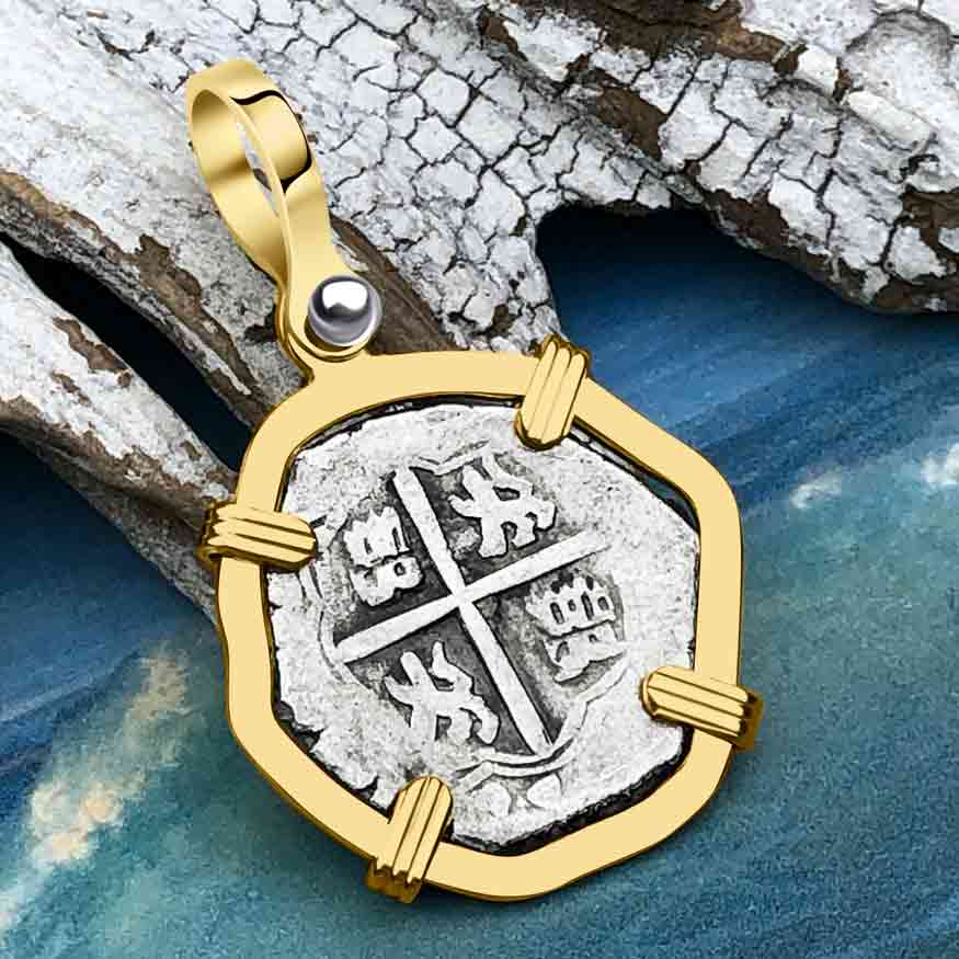 Pirate Era Circa 1620 Spanish Silver 1 Reale Piece of Eight 14K Gold Pendant