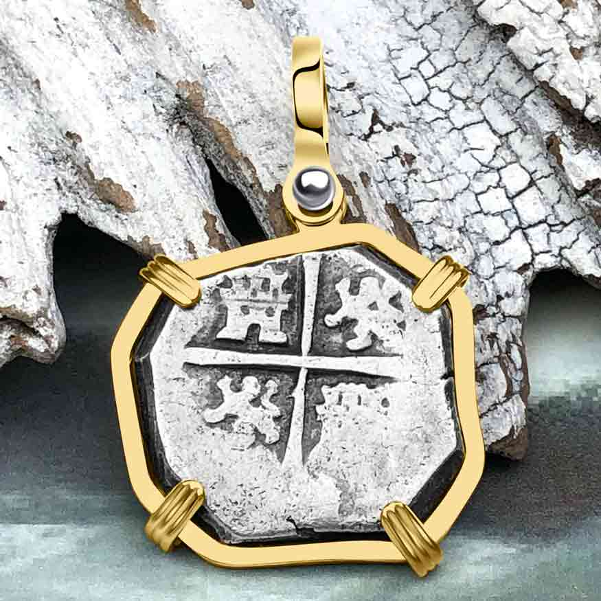 Pirate Era circa 1620 Spanish 2 Reale Piece of Eight 14K Gold Pendant