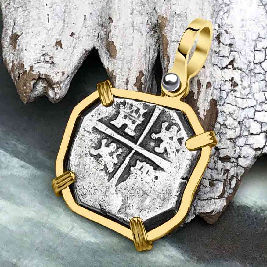 Pirate Era circa 1620 Spanish 2 Reale Piece of Eight 14K Gold Pendant