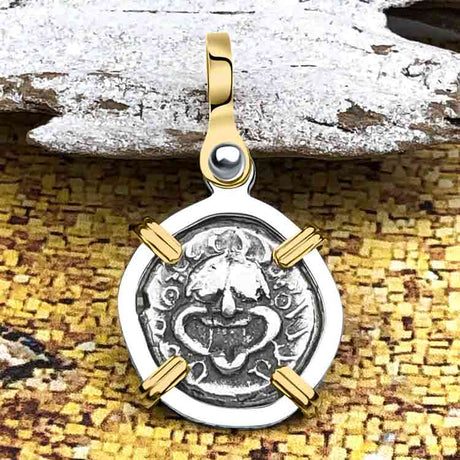 Ancient Greek Gorgon & Anchor Symbols of Protection & Hope Silver Drachm 400 BC 14K Gold and Sterling Silver Pendant 