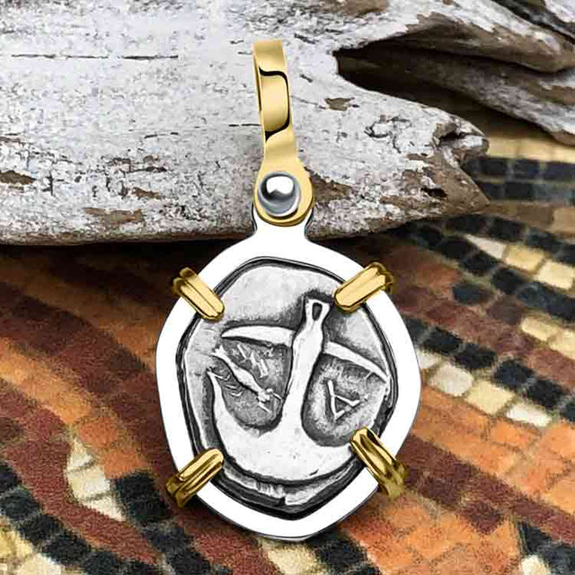 Ancient Greek Gorgon & Anchor Symbols of Protection & Hope Silver Drachm 400 BC 14K Gold and Sterling Silver Pendant 