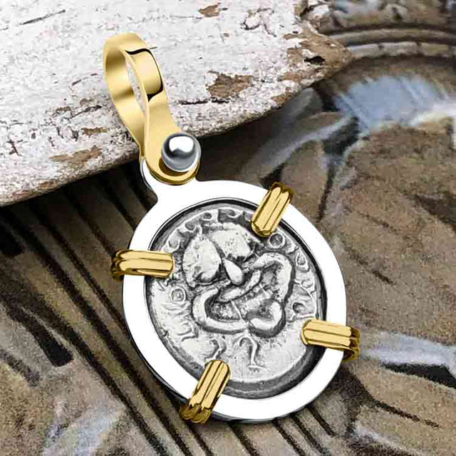 Ancient Greek Gorgon & Anchor Symbols of Protection & Hope Silver Drachm 400 BC 14K Gold and Sterling Silver Pendant 