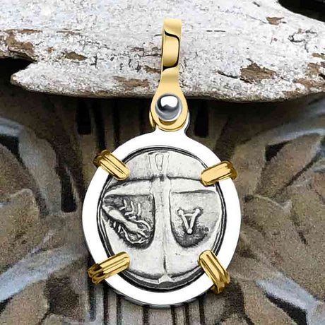 Ancient Greek Gorgon & Anchor Symbols of Protection & Hope Silver Drachm 400 BC 14K Gold and Sterling Silver Pendant 