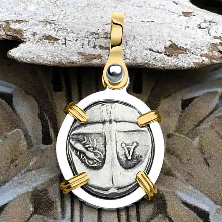 Ancient Greek Gorgon & Anchor Symbols of Protection & Hope Silver Drachm 400 BC 14K Gold and Sterling Silver Pendant 