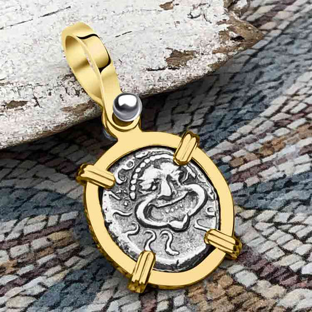 Ancient Greek Gorgon & Anchor Symbols of Protection & Hope Silver Drachm 400 BC 14K Gold Pendant
