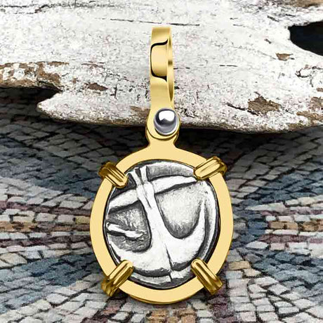 Ancient Greek Gorgon & Anchor Symbols of Protection & Hope Silver Drachm 400 BC 14K Gold Pendant