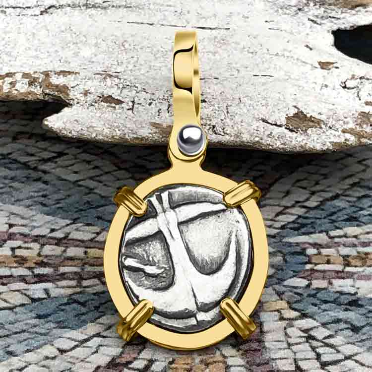 Ancient Greek Gorgon & Anchor Symbols of Protection & Hope Silver Drachm 400 BC 14K Gold Pendant