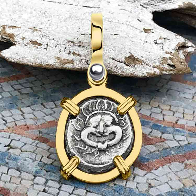 Ancient Greek Gorgon & Anchor Symbols of Protection & Hope Silver Drachm 400 BC 14K Gold Pendant