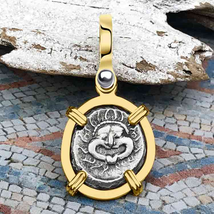 Ancient Greek Gorgon & Anchor Symbols of Protection & Hope Silver Drachm 400 BC 14K Gold Pendant