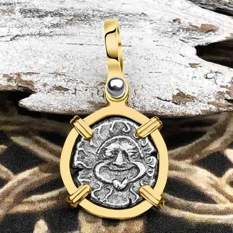 Ancient Greek Gorgon & Anchor Symbols of Protection & Hope Silver Drachm 400 BC 14K Gold Pendant