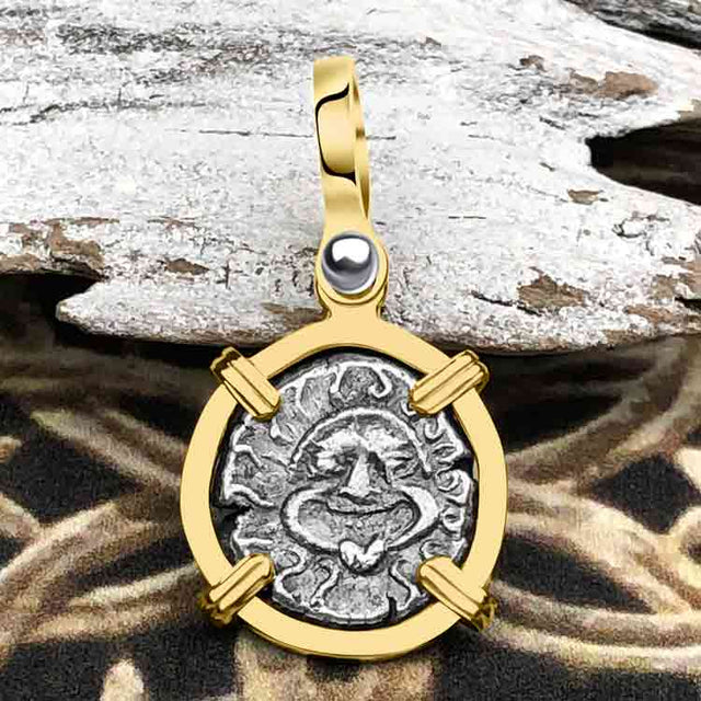 Ancient Greek Gorgon & Anchor Symbols of Protection & Hope Silver Drachm 400 BC 14K Gold Pendant