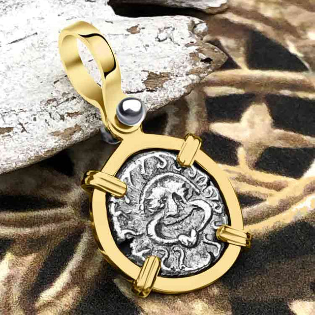 Ancient Greek Gorgon & Anchor Symbols of Protection & Hope Silver Drachm 400 BC 14K Gold Pendant