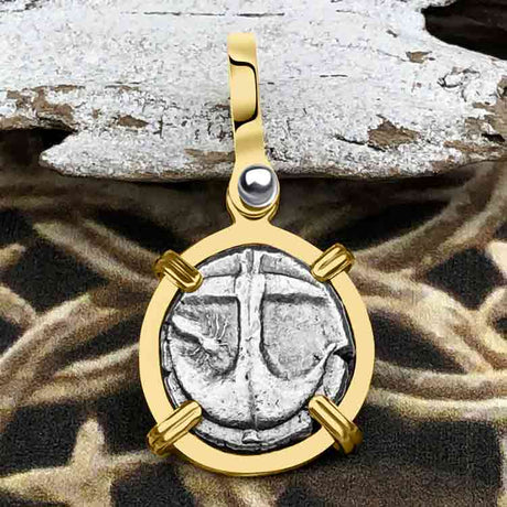 Ancient Greek Gorgon & Anchor Symbols of Protection & Hope Silver Drachm 400 BC 14K Gold Pendant
