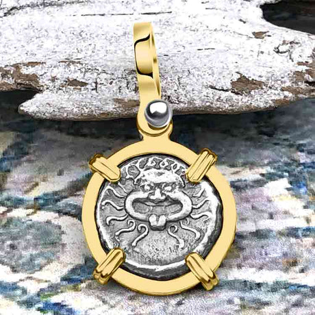 Ancient Greek Gorgon & Anchor Symbols of Protection & Hope Silver Drachm 400 BC 14K Gold Pendant