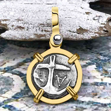 Ancient Greek Gorgon & Anchor Symbols of Protection & Hope Silver Drachm 400 BC 14K Gold Pendant
