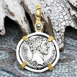 Roman Empire Silver Denarius Coin of Marcus Aurelius, the Philosopher Warrior 153 AD 14K Gold and Sterling Silver Pendant