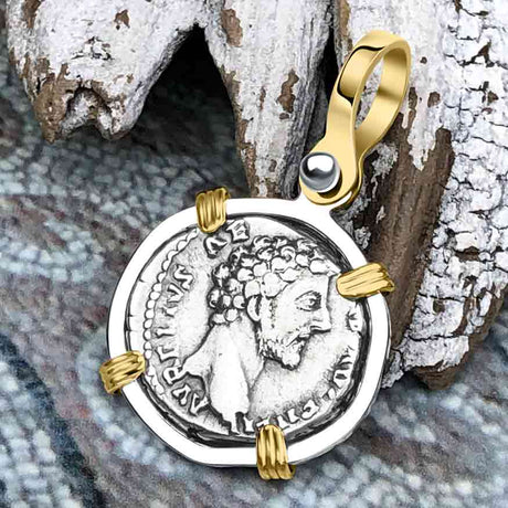 Roman Empire Silver Denarius Coin of Marcus Aurelius, the Philosopher Warrior 153 AD 14K Gold and Sterling Silver Pendant
