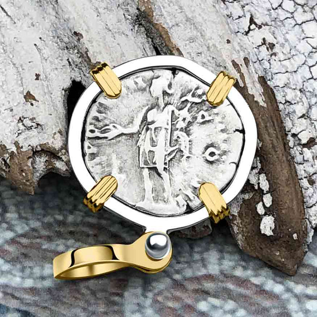 Roman Empire Silver Denarius Coin of Marcus Aurelius, the Philosopher Warrior 153 AD 14K Gold and Sterling Silver Pendant