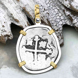 Pirate Era Circa 1670 Spanish 2 Reale Cob Piece of 8 14K Gold and Sterling Silver Pendant
