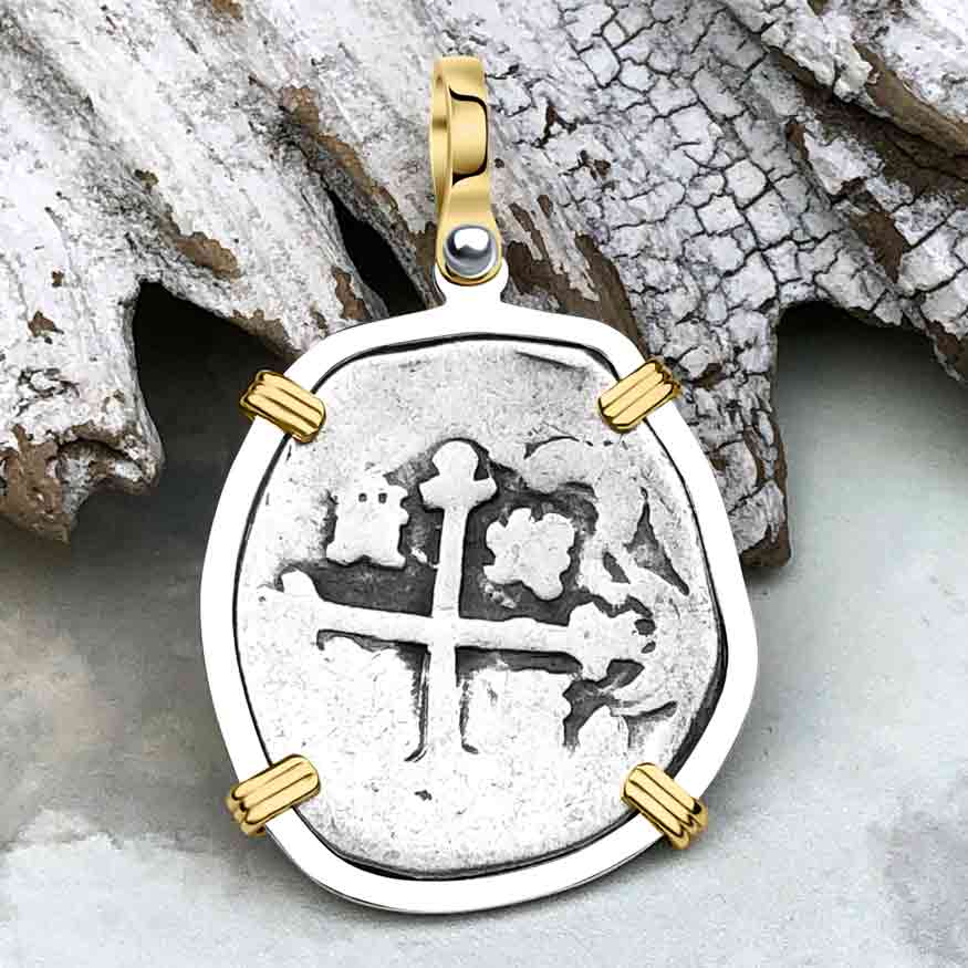 Pirate Era Circa 1670 Spanish 2 Reale Cob Piece of 8 14K Gold and Sterling Silver Pendant