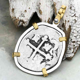 Pirate Era Circa 1670 Spanish 2 Reale Cob Piece of 8 14K Gold and Sterling Silver Pendant