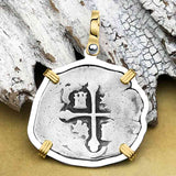 Pirate Era Circa 1670 Spanish 2 Reale Cob Piece of 8 14K Gold and Sterling Silver Pendant