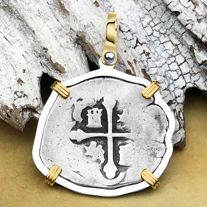 Pirate Era Circa 1670 Spanish 2 Reale Cob Piece of 8 14K Gold and Sterling Silver Pendant
