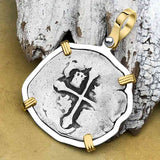 Pirate Era Circa 1670 Spanish 2 Reale Cob Piece of 8 14K Gold and Sterling Silver Pendant