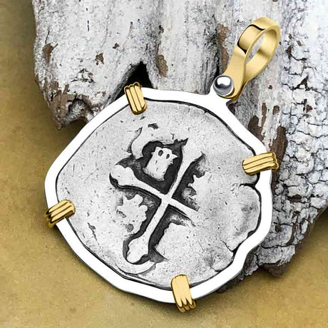 Pirate Era Circa 1670 Spanish 2 Reale Cob Piece of 8 14K Gold and Sterling Silver Pendant