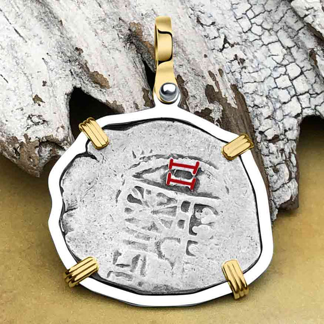 Pirate Era Circa 1670 Spanish 2 Reale Cob Piece of 8 14K Gold and Sterling Silver Pendant