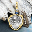 Heart Shaped Atocha Era Buried Spanish 1 Reale Piece of Eight 14K Gold and Blue Sapphire Pendant