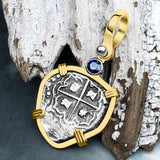 Heart Shaped Atocha Era Buried Spanish 1 Reale Piece of Eight 14K Gold and Blue Sapphire Pendant