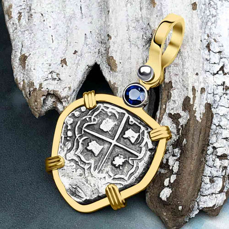Heart Shaped Atocha Era Buried Spanish 1 Reale Piece of Eight 14K Gold and Blue Sapphire Pendant